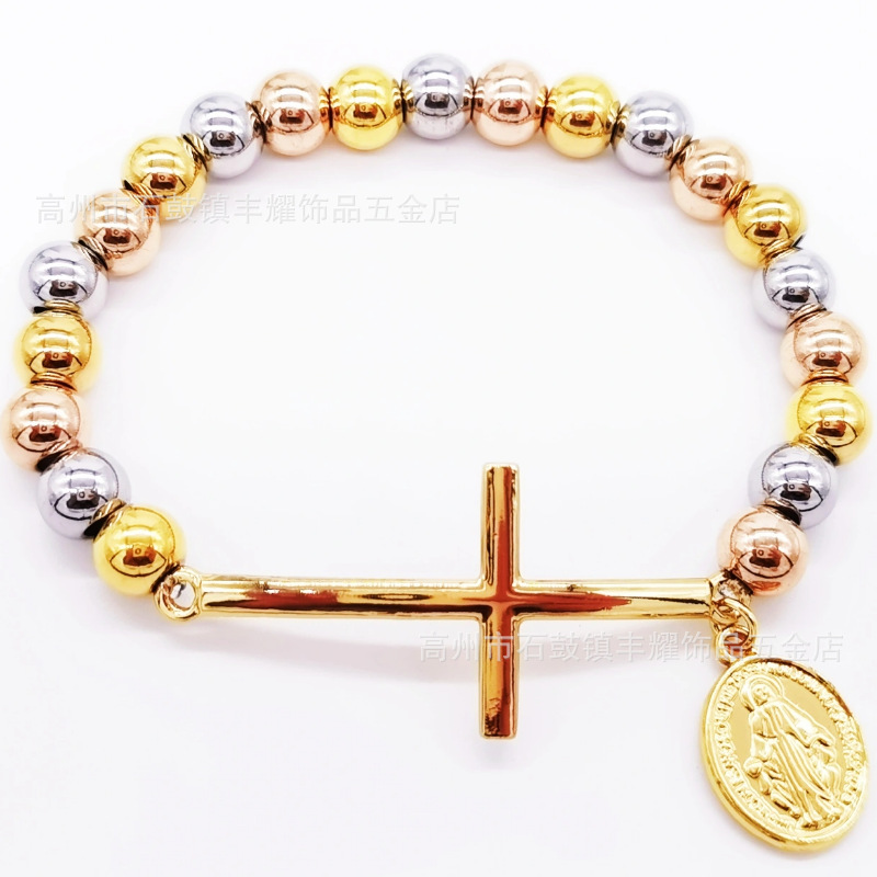 跨境热卖8mm不锈钢串珠加十字架弯牌手链圆珠手链diy弹力绳手链详情9
