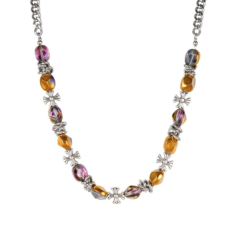 New cold and cool style necklace, women's niche design, high-end sweatshirt, sweater chain, hip-hop collarbone chain, cross flower beaded Item Picture