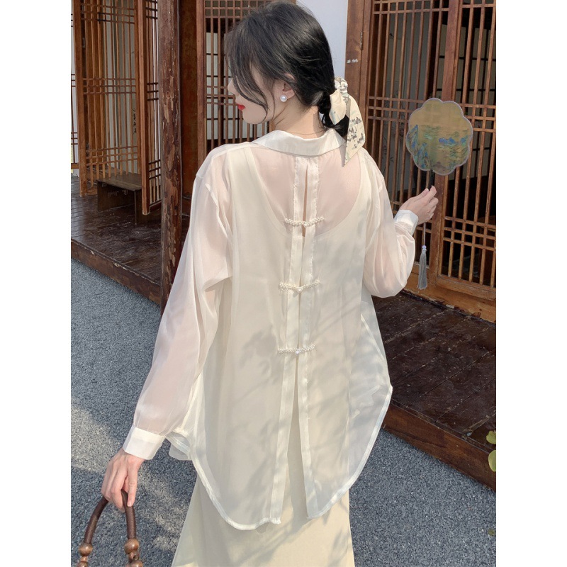 新中式国风防晒衬衫外套女夏薄长袖开衫露背外搭雪纺上衣2024新款