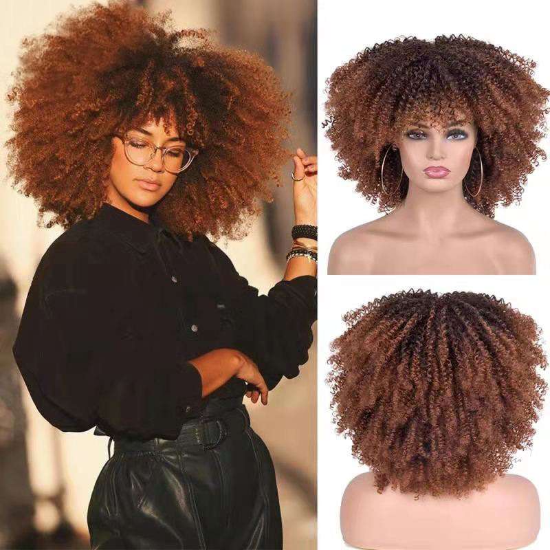 Cross-border European and American black chemical fiber women's hair manufacturer wigs African small curly hair explosion wig full head set