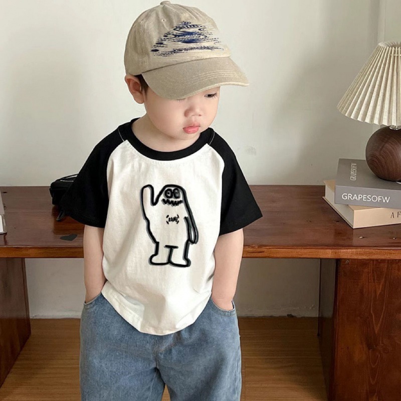 棉T恤男女童装插肩短袖2024新款韩版童装撞色时髦洋气棉T恤