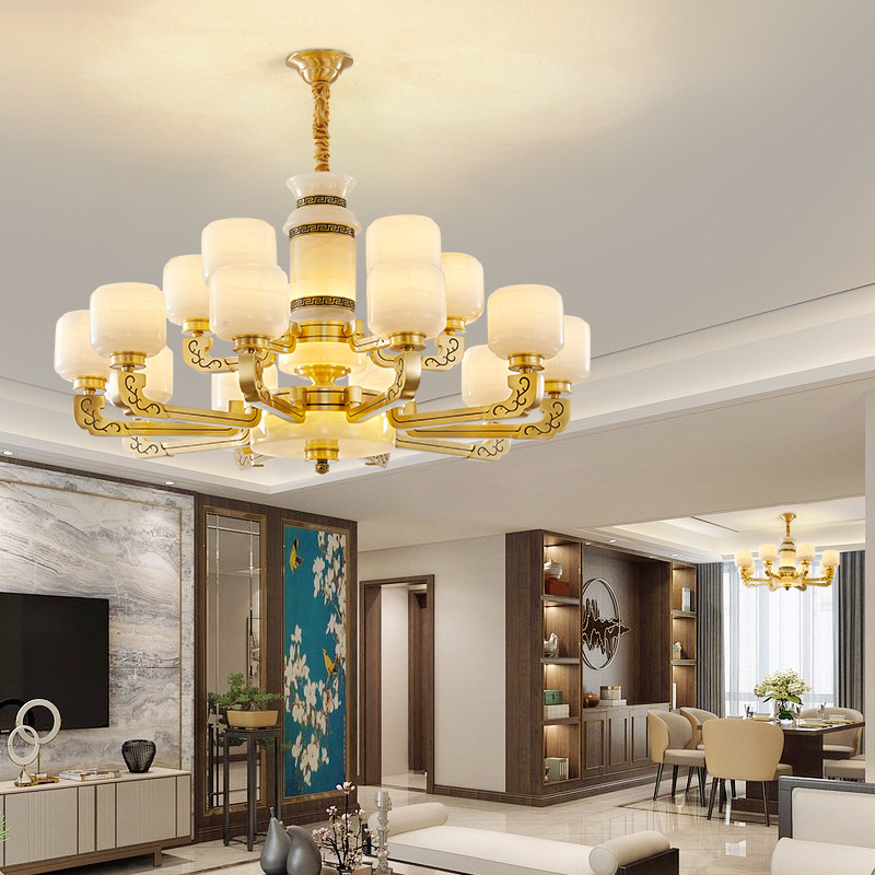New Chinese-style chandelier, all-copper jade living room and dining room lamp, Chinese-style real jade lampshade, villa duplex marble lamp Specification image