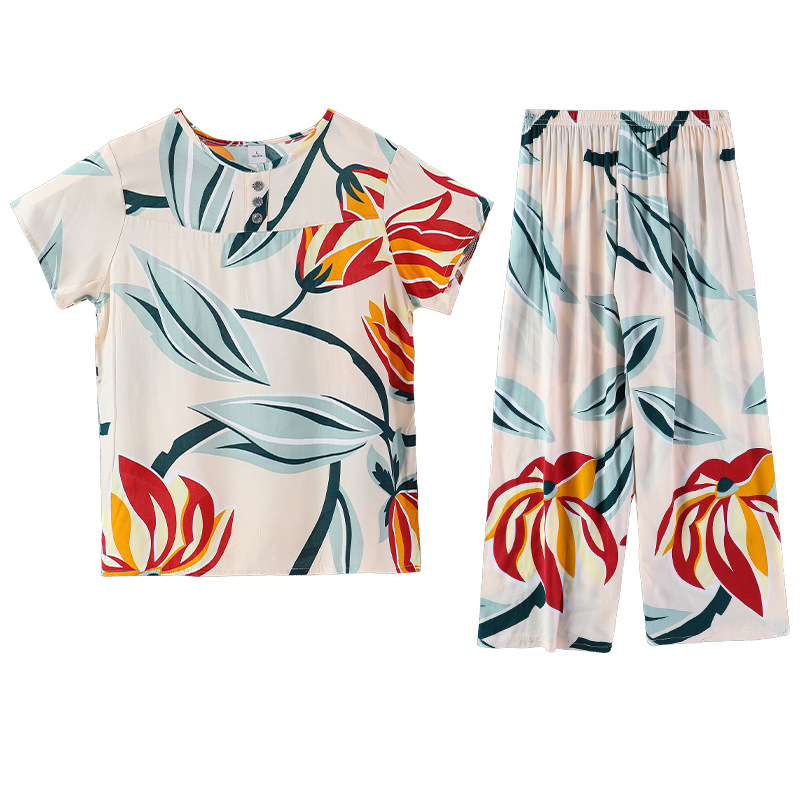 Cotton and silk pajamas for women in summer, thin short-sleeved, loose home wear for middle-aged and elderly mothers, two-piece set, oversized, can be worn outside Item Picture