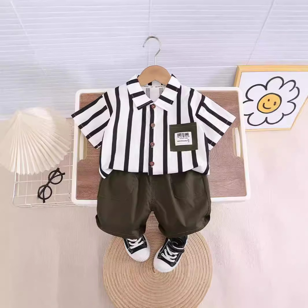 男童夏装夏季套装新款小男孩洋气竖条衬衣短袖两件套宝宝夏天衣服