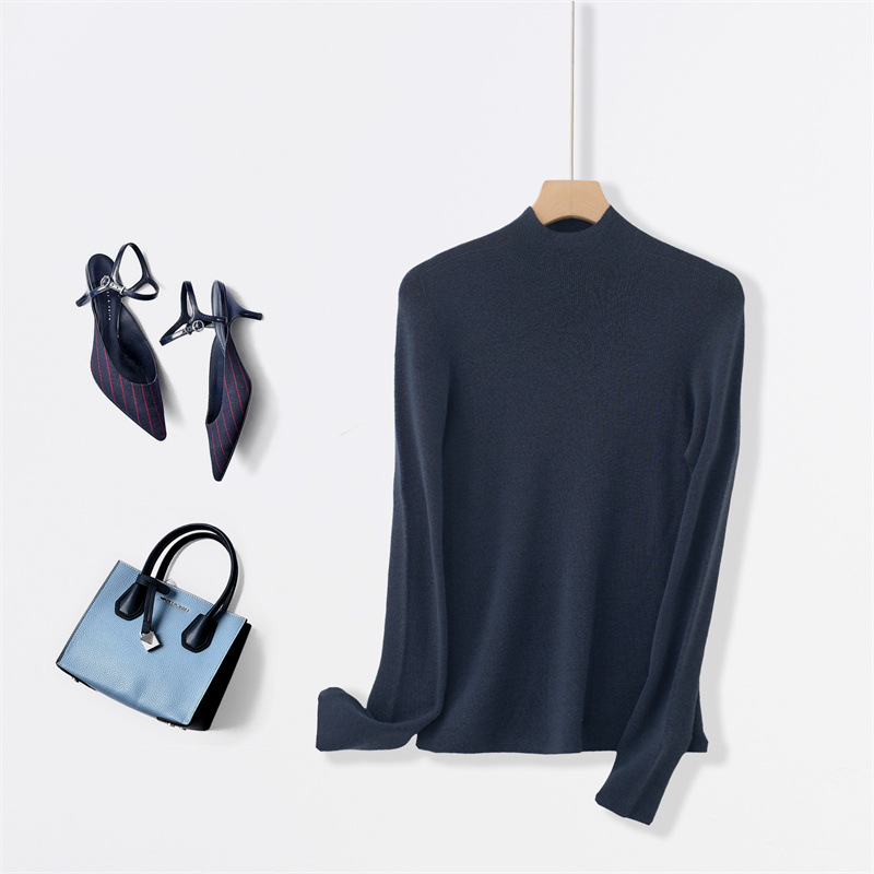 Yangzi Yarn wool sweater 100 one-piece molding, all-wool, simple and slimming, long-sleeved semi-high neck base wool sweater