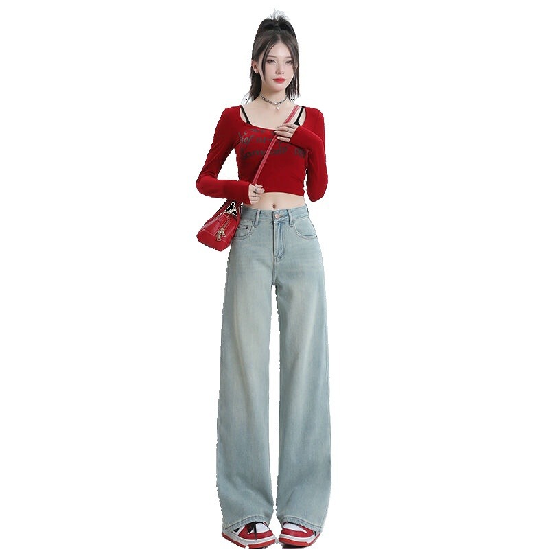 Narrow Version Of Wide Leg Jeans Women's Summer New High Waist Slimming New Chinese Style Embroidery Straight Leg Casual Pants Item Picture