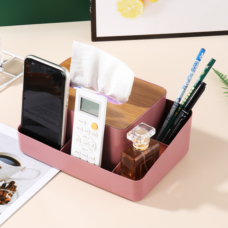 新款木盖纸巾盒家用客厅桌面纸巾盒塑料遥控器分格收纳盒可印logo详情图4