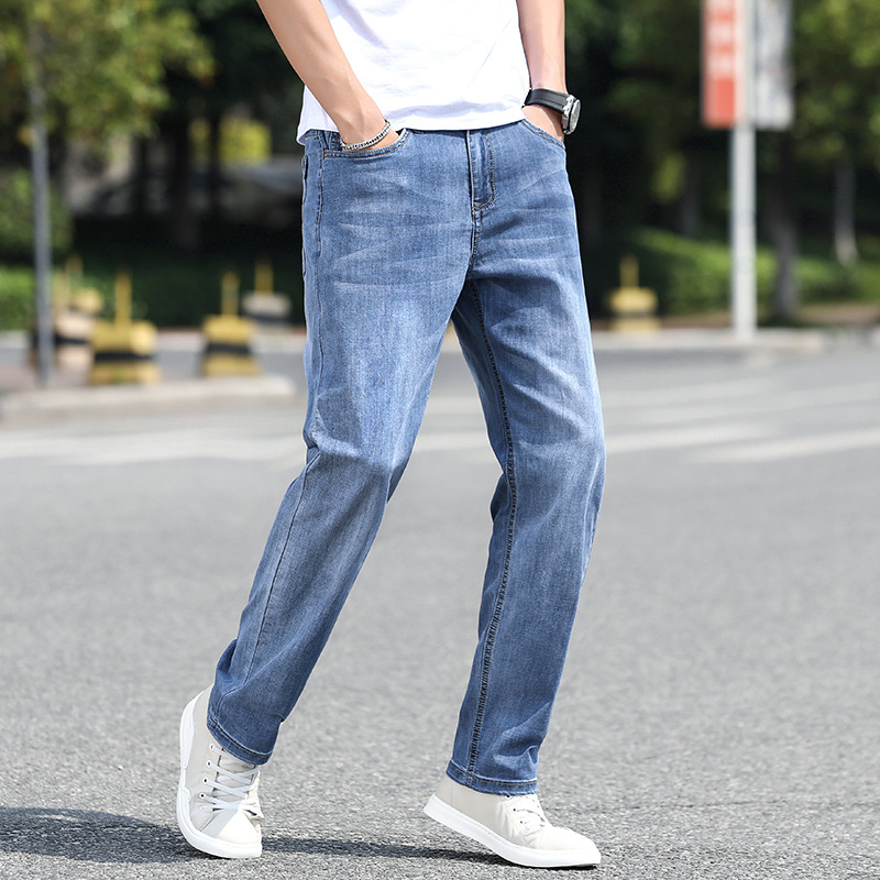 Men's summer thin, loose, large-sized wide-leg straight-leg jeans, trendy casual pants wholesale, middle-aged men's pants details Picture