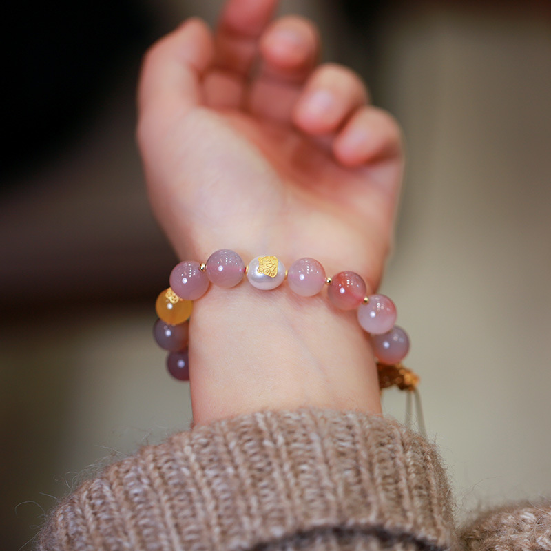 S925 Silver Natural Salt Source agate Bauhinia flower bracelet, Pearl Salt Source Wish Ring, Peace Buckle DIY jewelry, Chinese style Item Picture
