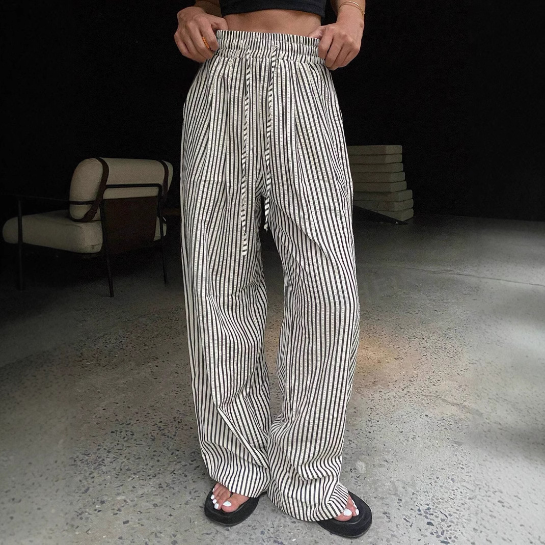 2024 Amazon, ebay, AliExpress, wish, European and American women's striped loose waist adjustable drawstring casual pants details Picture