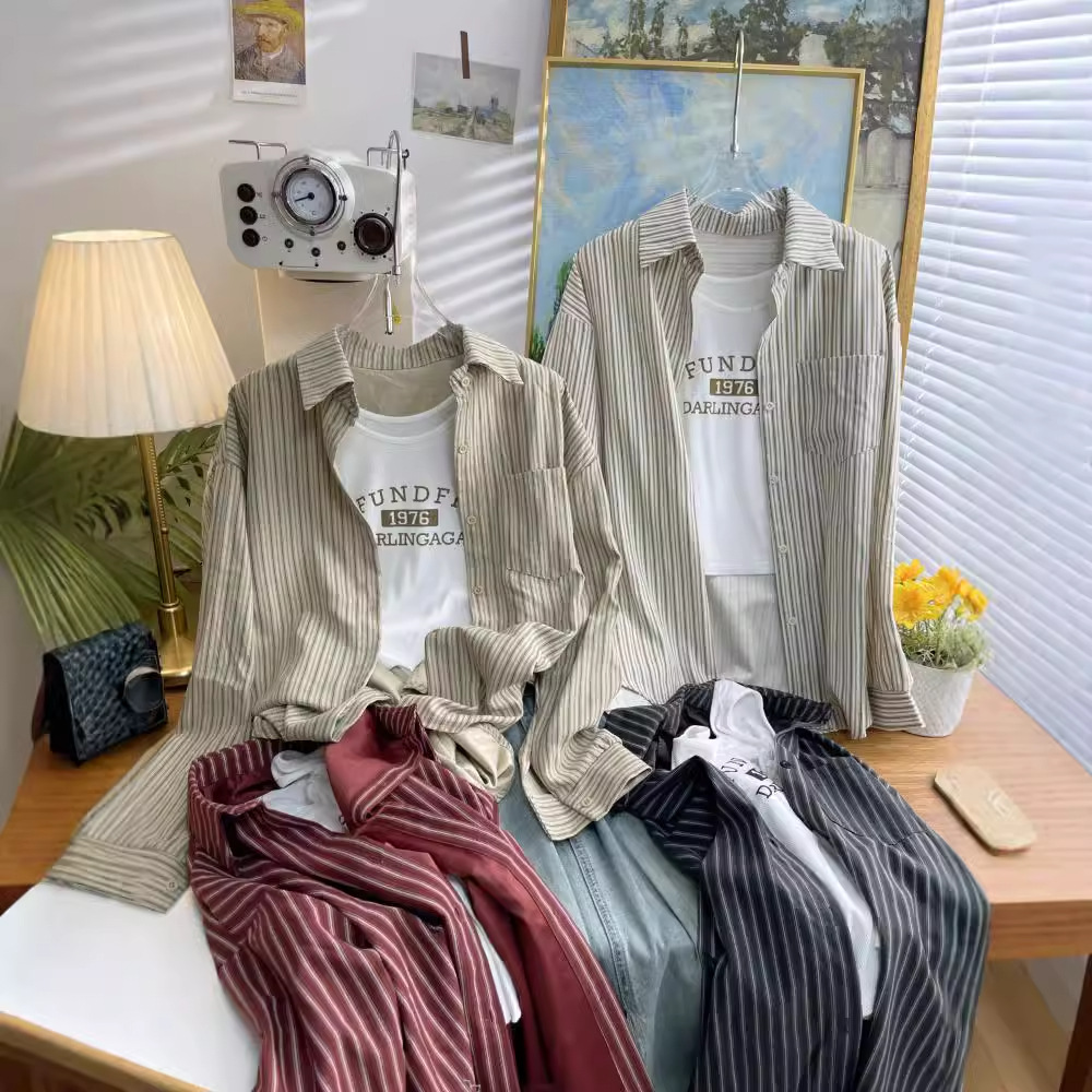 Dongdaemun, South Korea, early autumn new Korean-style vertical striped long-sleeved shirt for women, loose and casual, stylish shirt trend 4730 Specification image