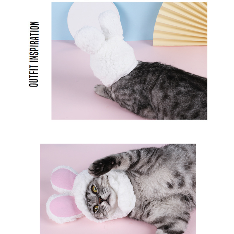 宠物用品亚马逊新款保暖猫咪头套 兔耳朵宠物帽子 羊羔绒猫咪帽子详情图3
