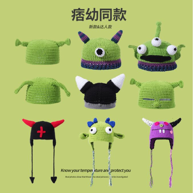 卡通佛祖帽子韩版手工编织秋冬保暖个性搞怪男女针织帽护耳毛线帽详情3