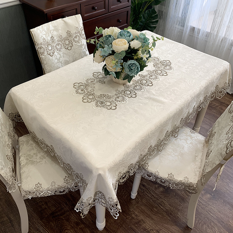 V3FP American tablecloth fabric heat-resistant and heat-insulating home chair cover, white dining table chair cover and cushion set, long Specification image