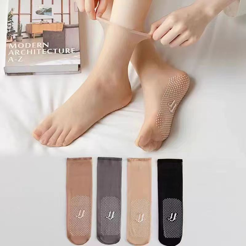 袜子地摊一件代发防滑丝袜夏季薄款女士中筒袜水晶点胶隐形防勾丝肉色短袜一件代发