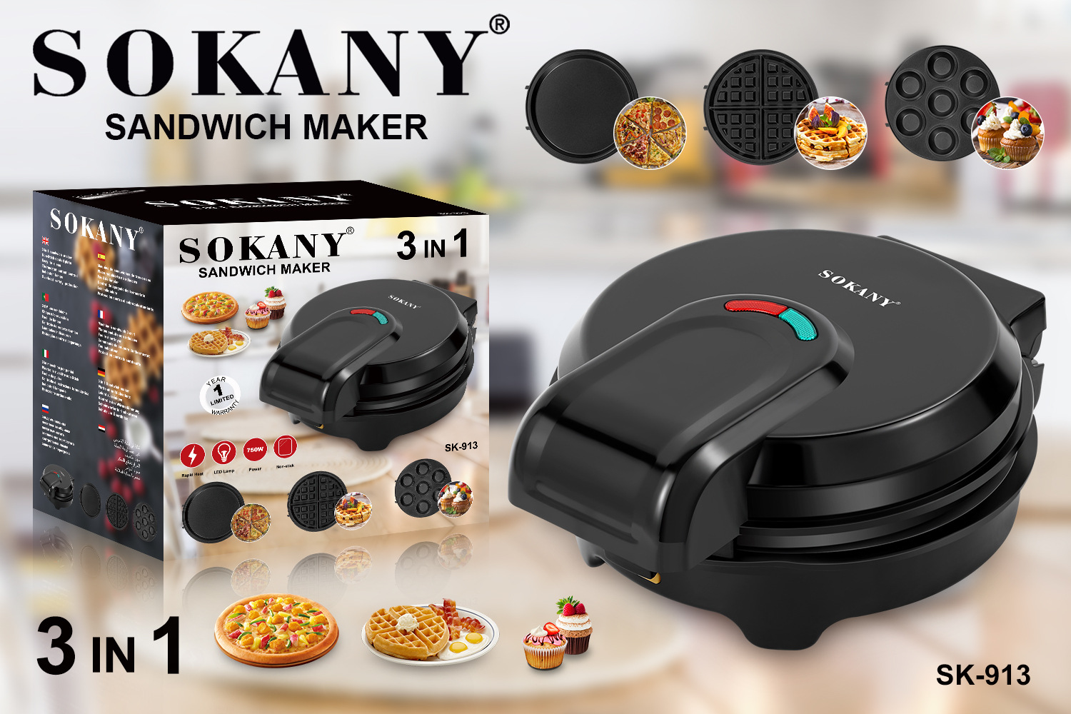 Crossover SOKANY913 máquina de sándwich hogar 3 en 1 máquina de donas de hornear máquina de gofres de postre máquina de rodajas Specification image