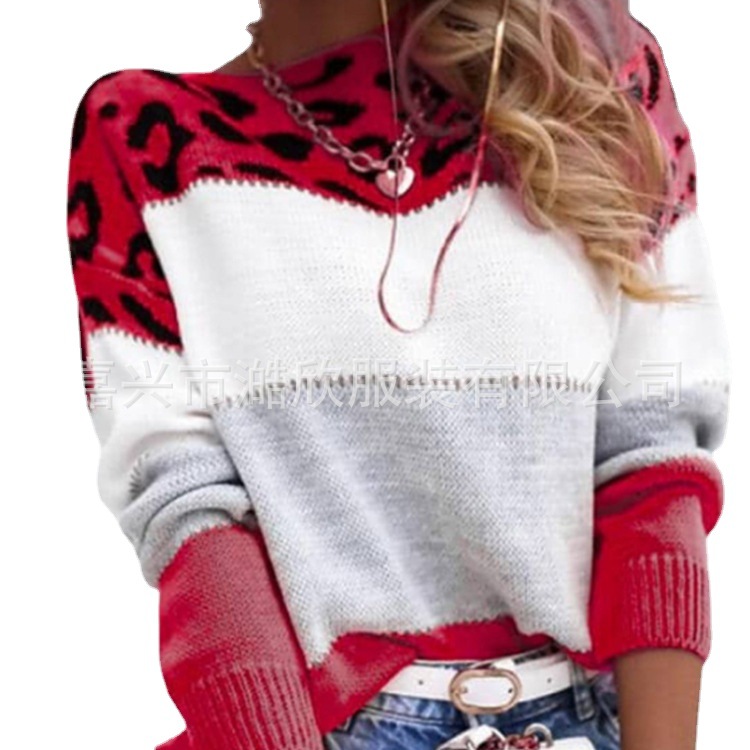 A new cross-border European and American knitted sweater for women in the 2022 autumn and winter season, featuring a leopard print pullover and a color-blocked one-neck sweater as the base layer Item Picture