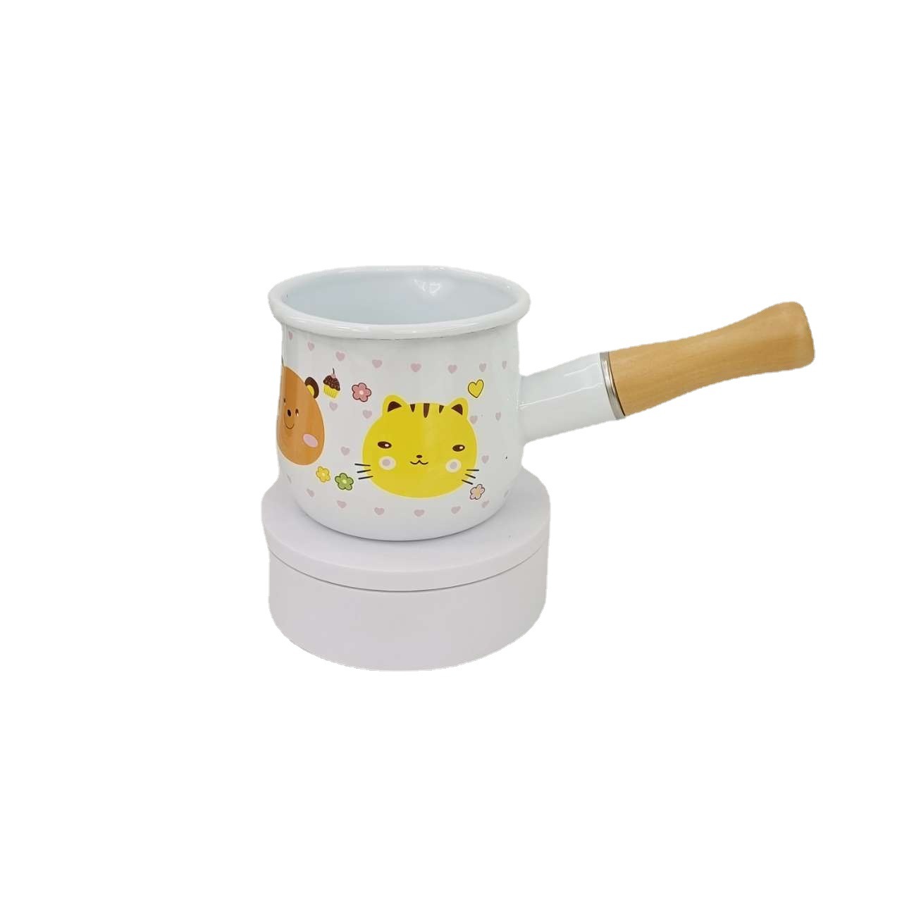 Thickened enamel milk cup, cute INS style, fresh and adorable. Enamel single-handle milk pot, wooden handle, Japanese and Korean enamel kitchenware batch Item Picture