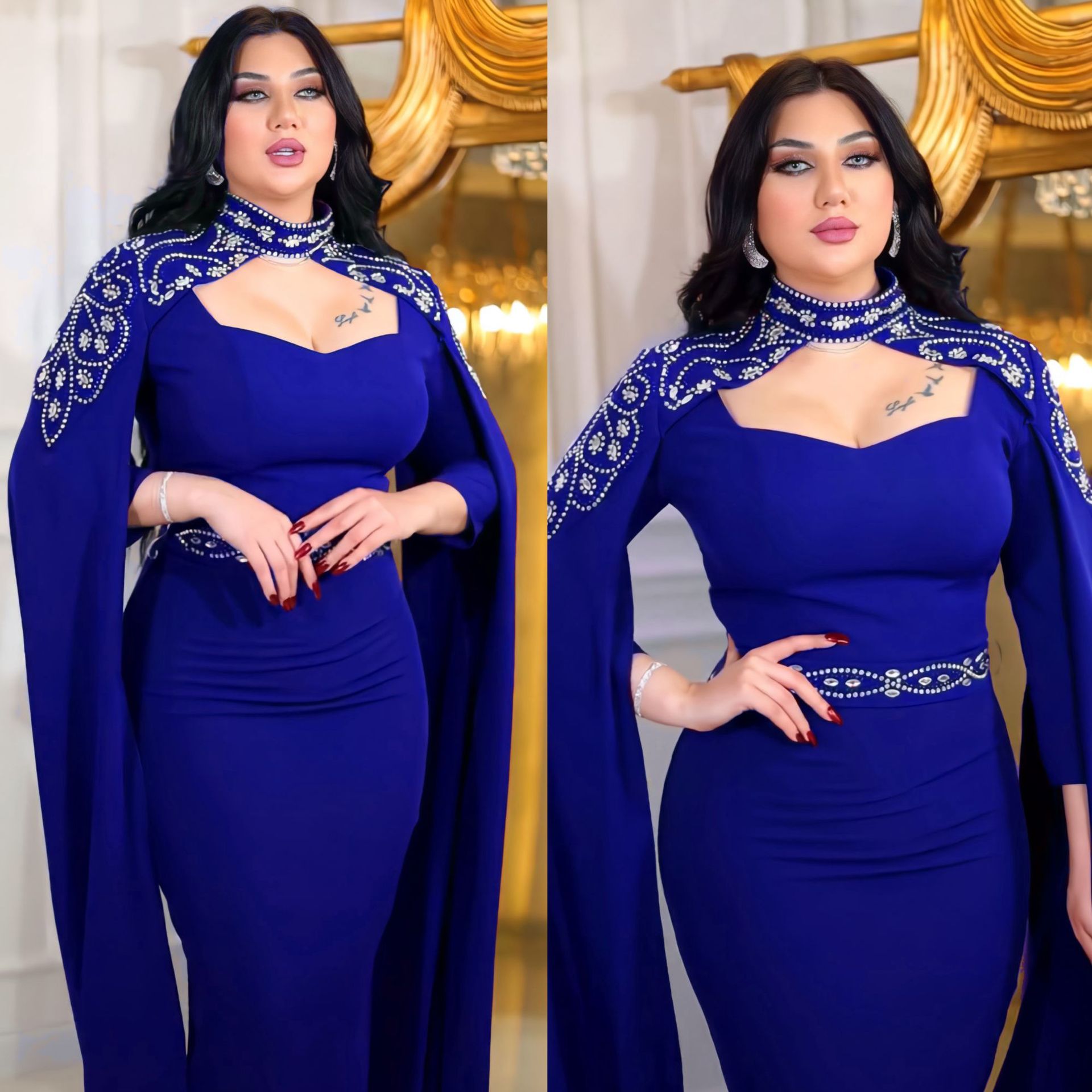 迪拜2024沙特连衣裙跨境中东阿拉伯服饰烫钻礼服长袍裙子