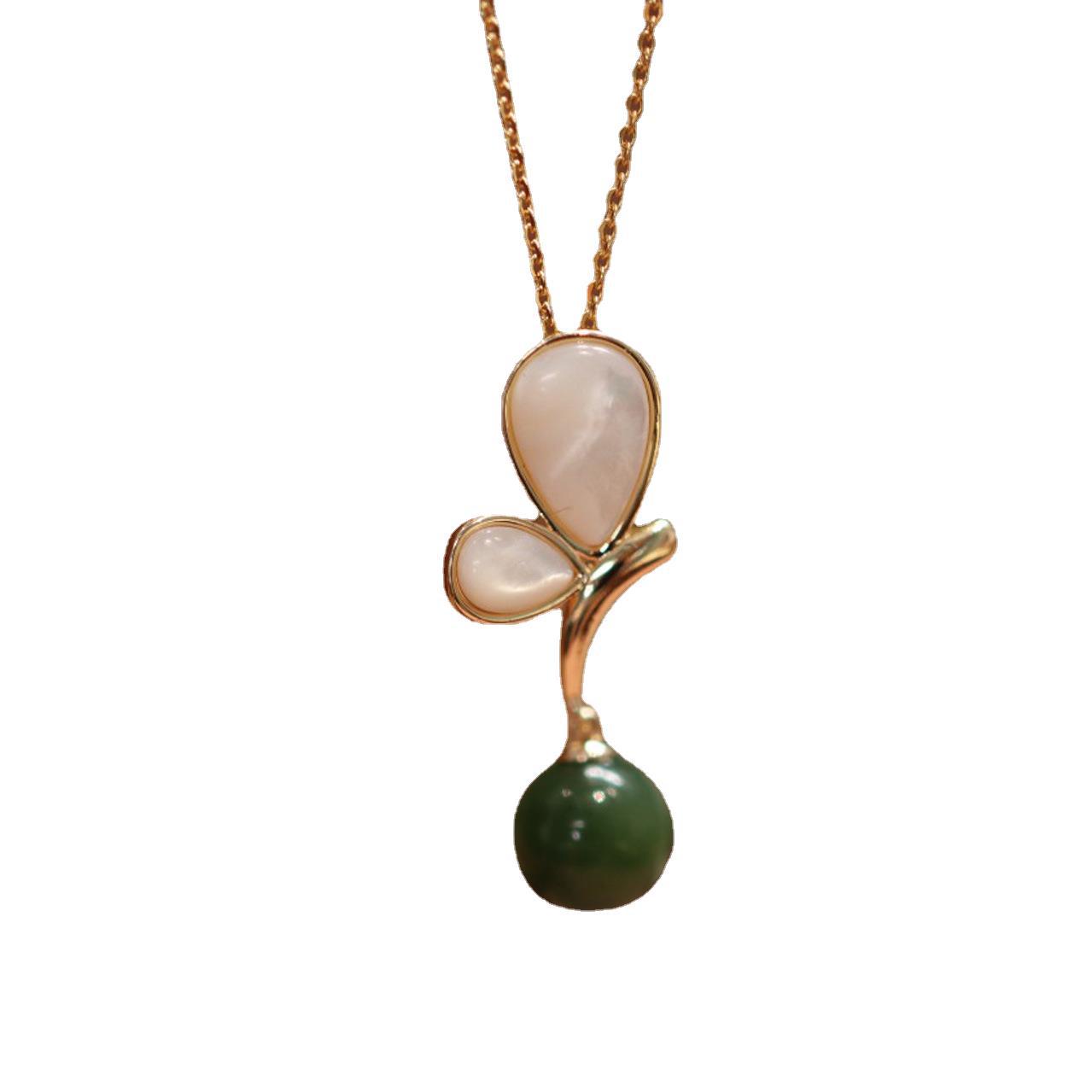 Natural Russian jade pendant necklace set, white mother-of-pearl stud earrings, butterfly ring, light luxury and niche collarbone chain for women Item Picture