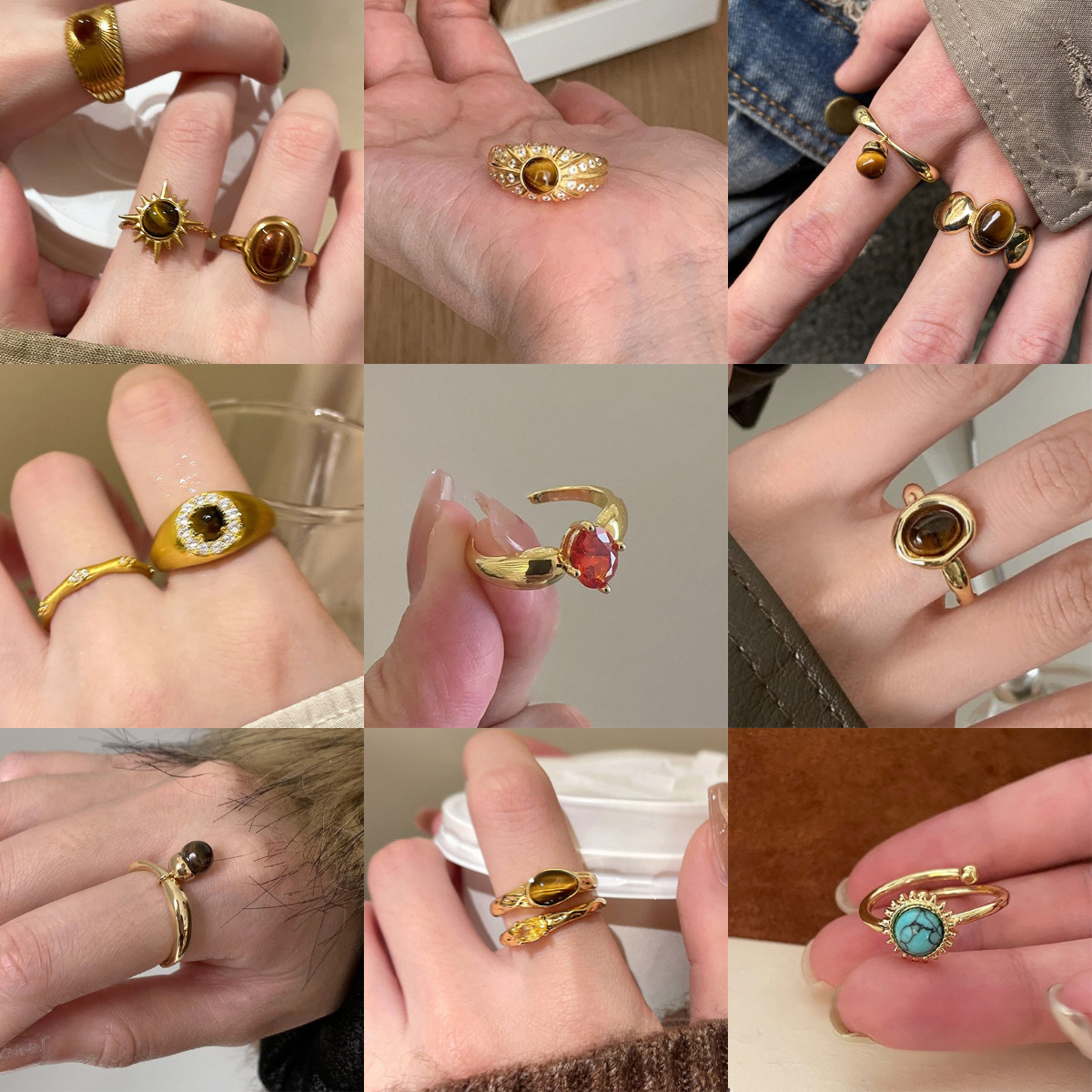 vintage tiger's eye open ring, retro style index finger ring, niche high-end accessory for women