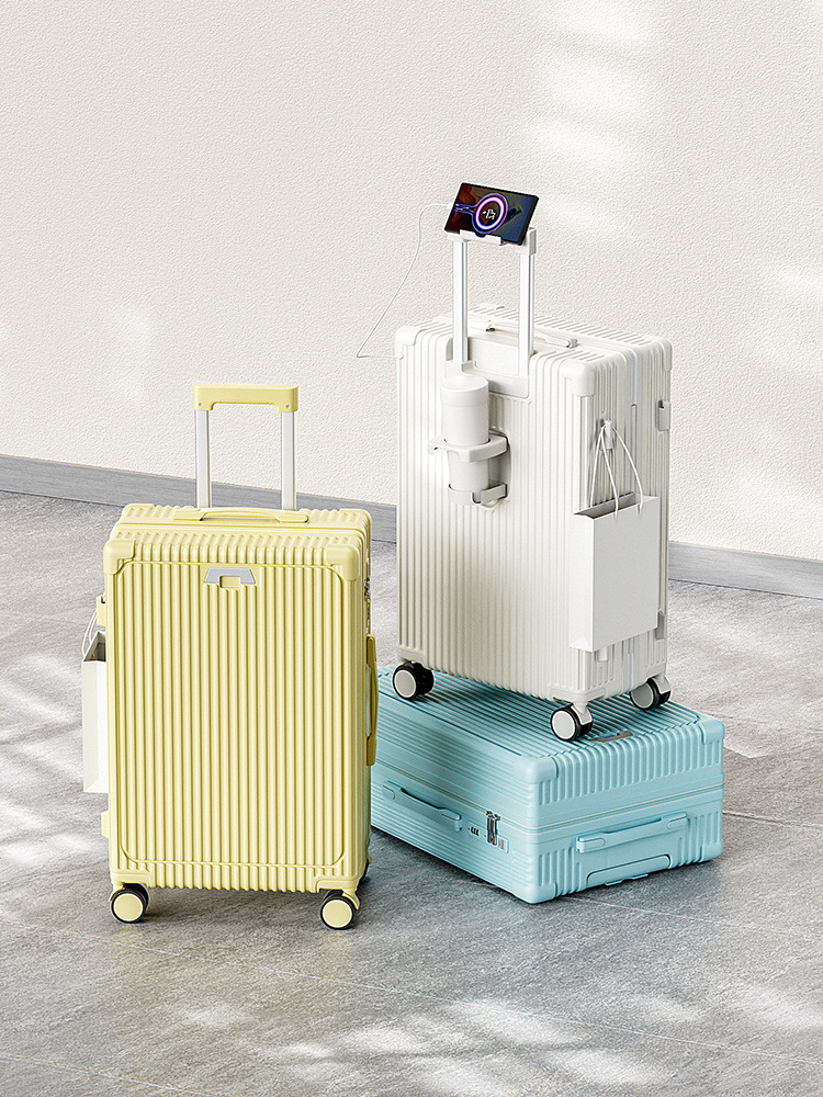 Wholesale of 20-inch carry-on suitcases with high appearance standards for college students, silent swivel wheels and water cup holders, cross-border details Picture