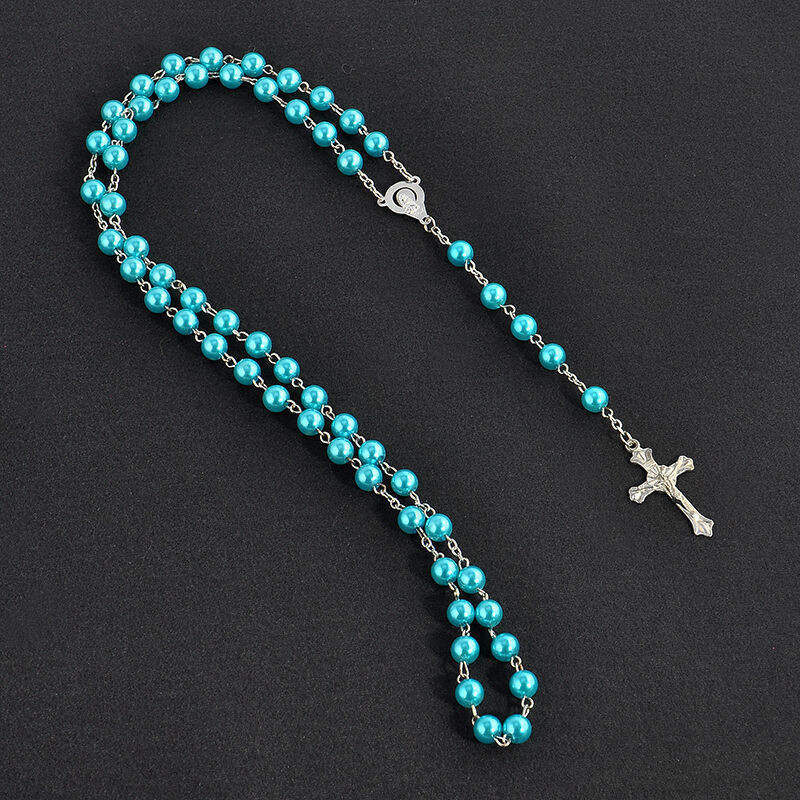 Cross-border European and American imitation pearl cross rosine long handmade necklace, unisplendour textured tassel sweater chain, 59 pieces religious necklace Application Scenario