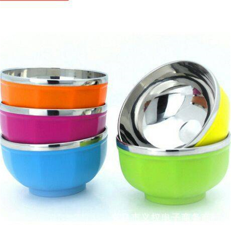 High-quality stainless steel colored bowls, Korean-style anti-drop and heat-resistant children's tableware, five-color bowls, double-layer heat-insulating thickened soup bowls