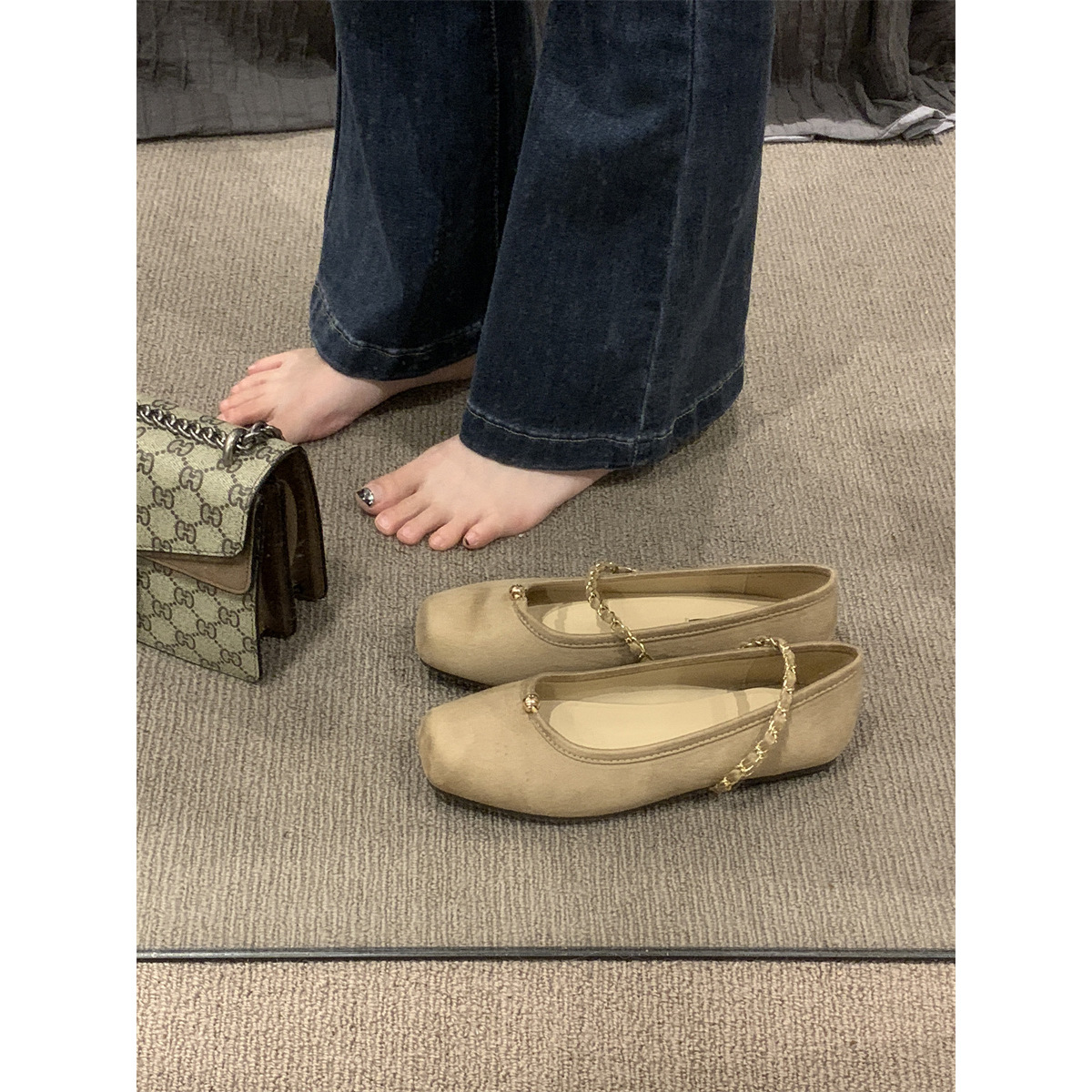 Square-toed Mary Jane women's shoes 2023 Spring and Autumn new Style fleece soft flat one-foot French evening style single shoe
