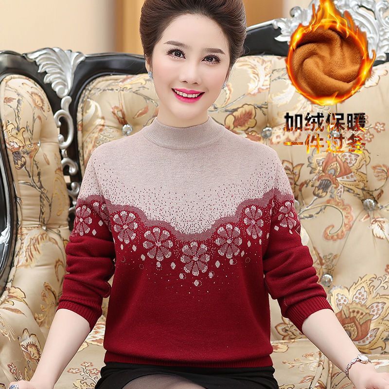 Middle-aged mothers' autumn and winter woolen and thickened sweaters, semi-high-neck fashionable base layers for middle-aged and elderly women's clothing Item Picture
