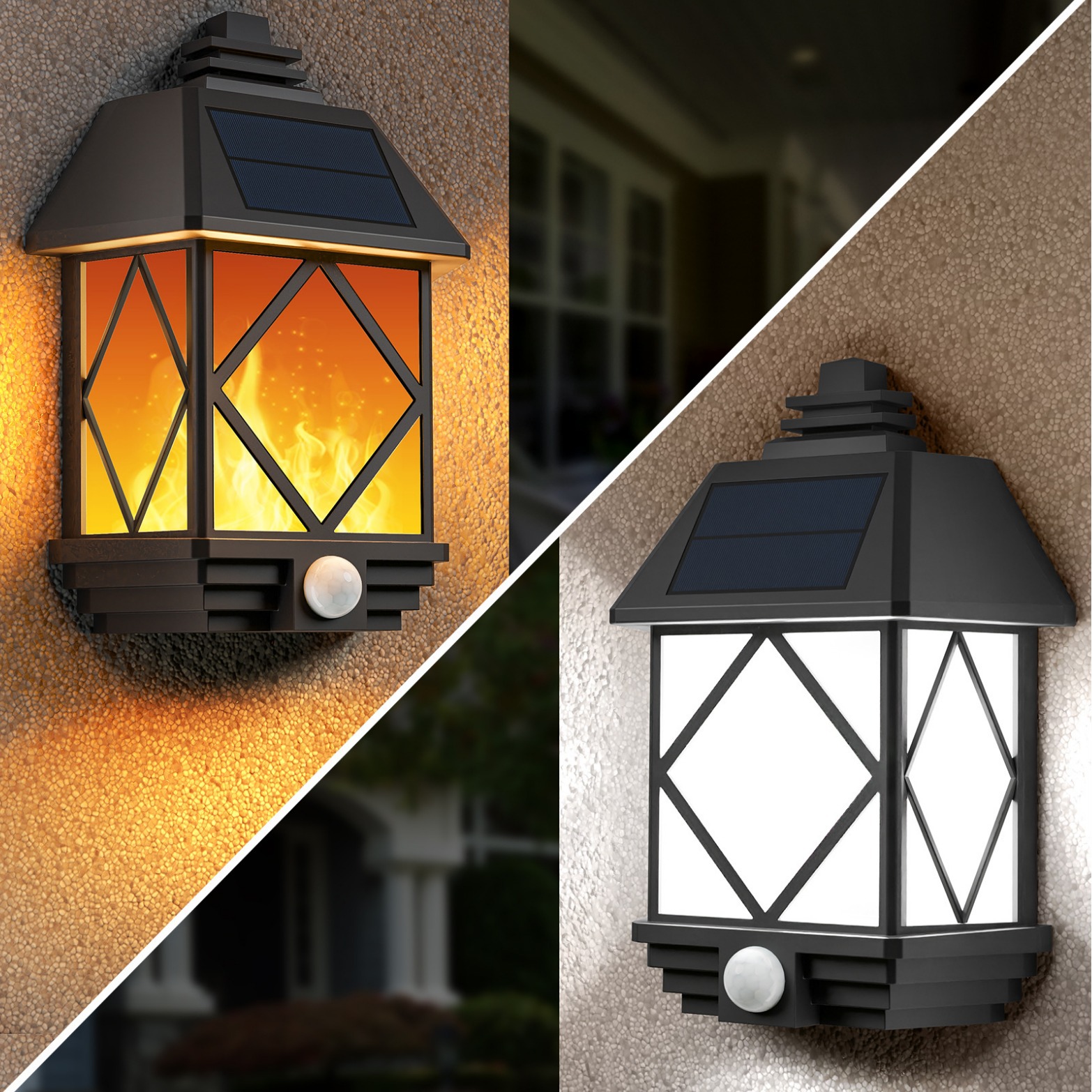 Solar wall lamps, outdoor free of electricity charges, automatic charging column lamps, wall lamps, flame lamps and white light lighting, cross-border full figure
