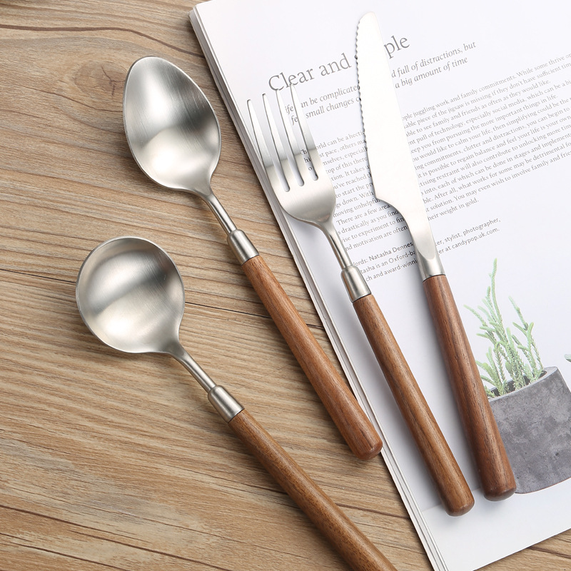 Amazon 304 Stainless Steel Walnut Handle Knife And Fork Spoon Western Restaurant Steak Knife And Fork Travel Portable Tableware Set details Picture