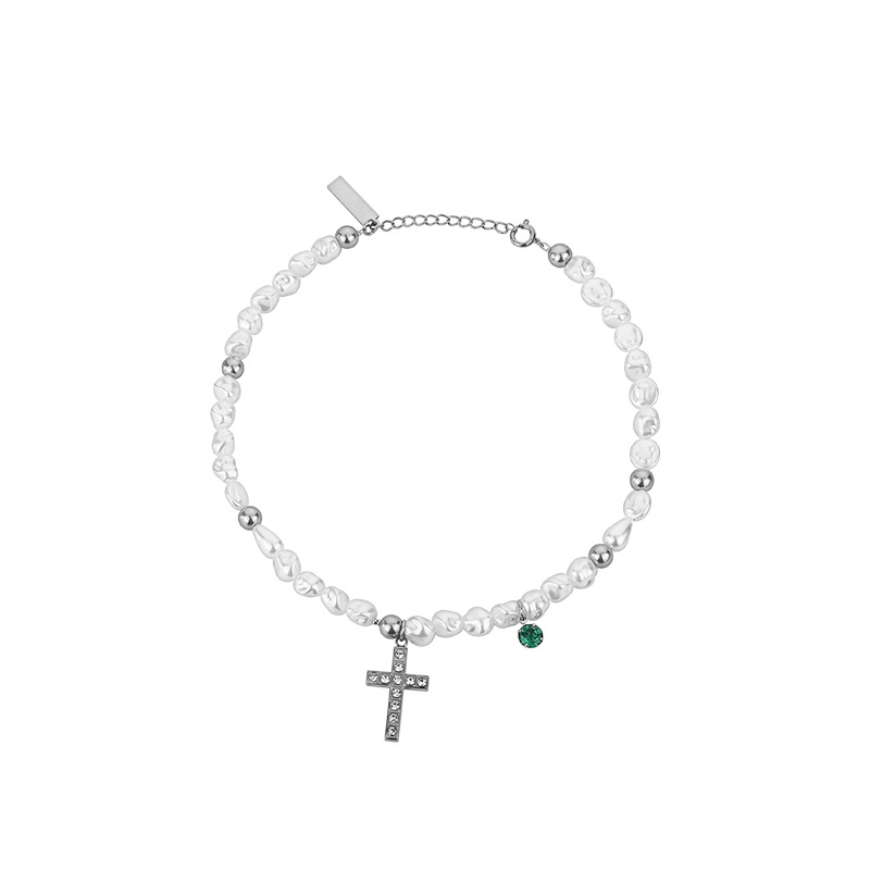 Korean INS cross pearl titanium steel necklace wholesale Ha men and women set titanium steel necklace personality wholesale hair Item Picture