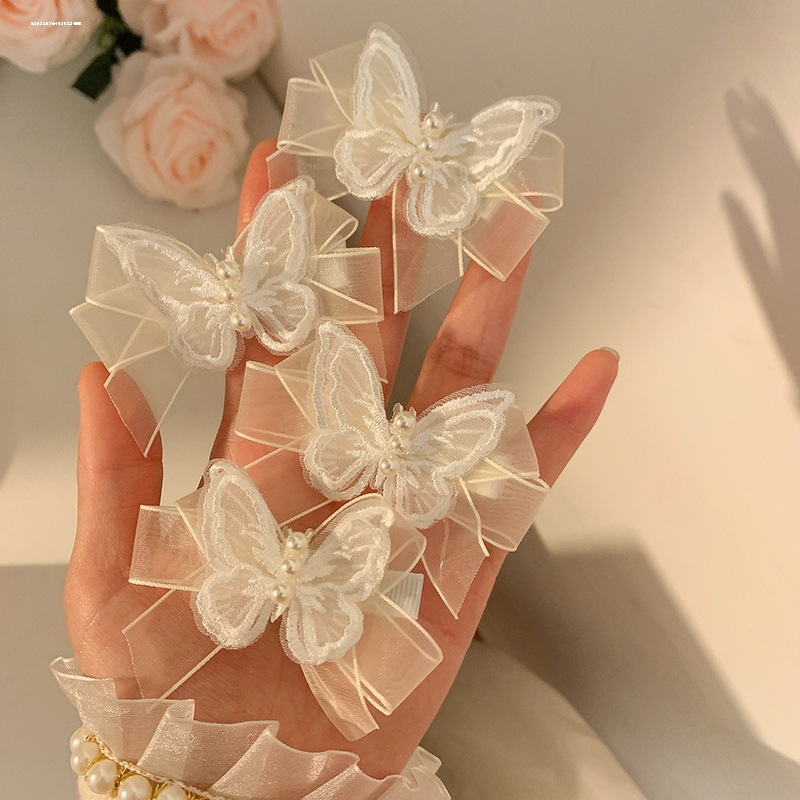 Super Fairy White Gauze Butterfly Pearl Hairpin Female Mori Tie Fairy Beauty Bow Small Hairpin Side Braided Headpiece