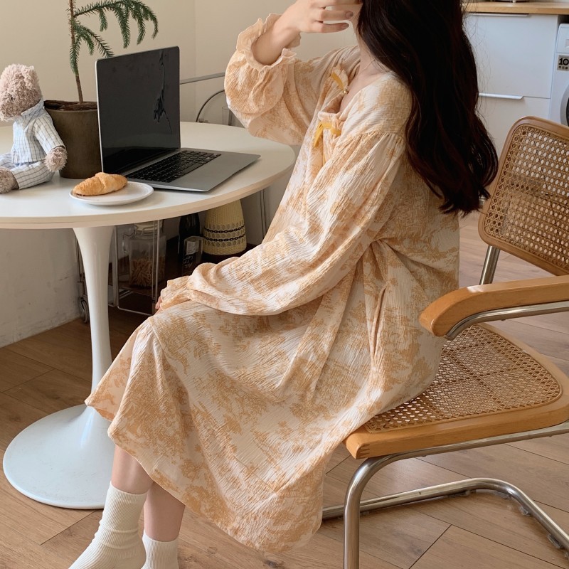 Women With Breast Pad Pajamas Spring And Autumn Long Sleeve Floral Cloth Loose Pregnant Women Long Nightdress Network Red Wind Homewear Winter details Picture