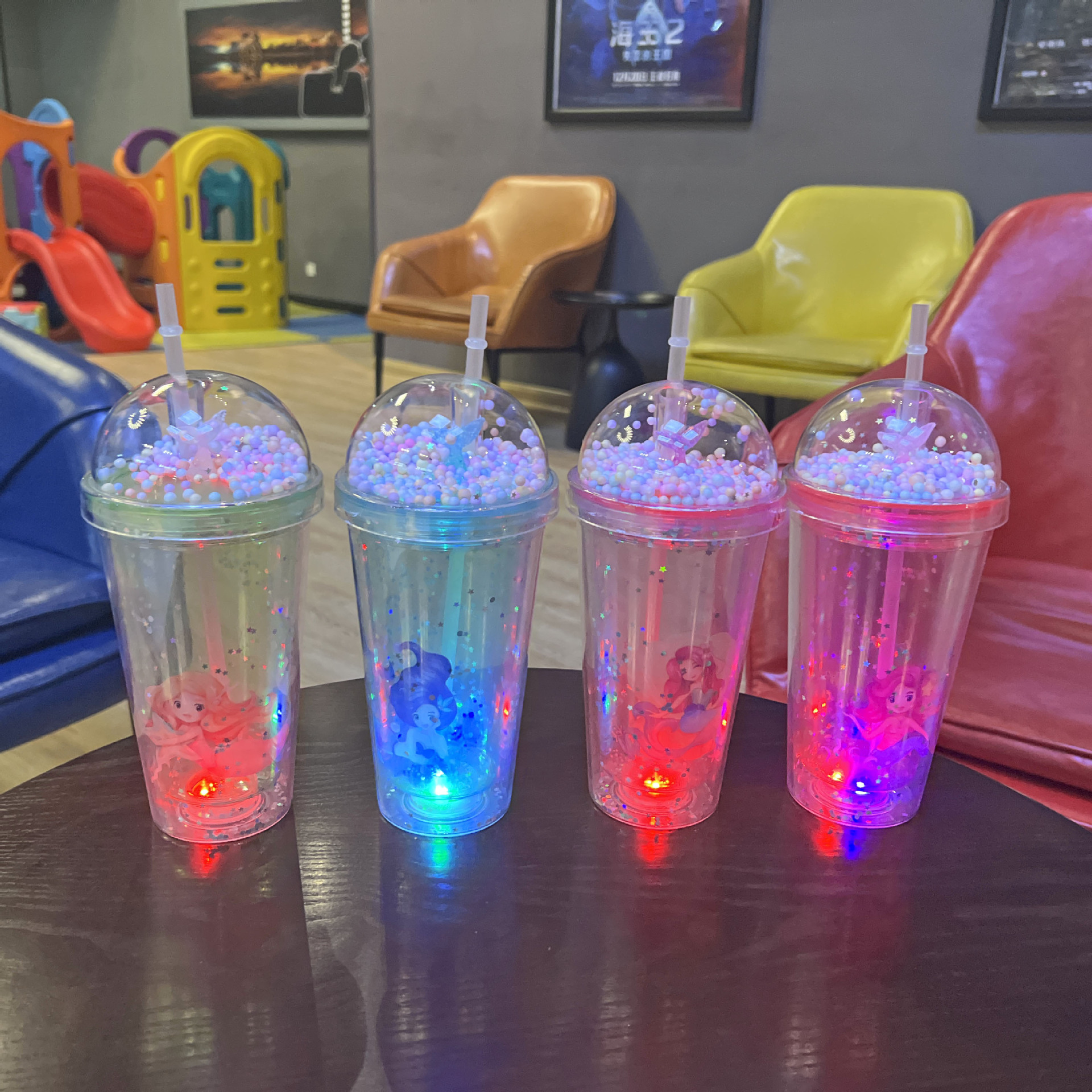 跨境新款卡通美人鱼吸管水杯批发高颜值咖啡杯双层塑料杯冰杯定制