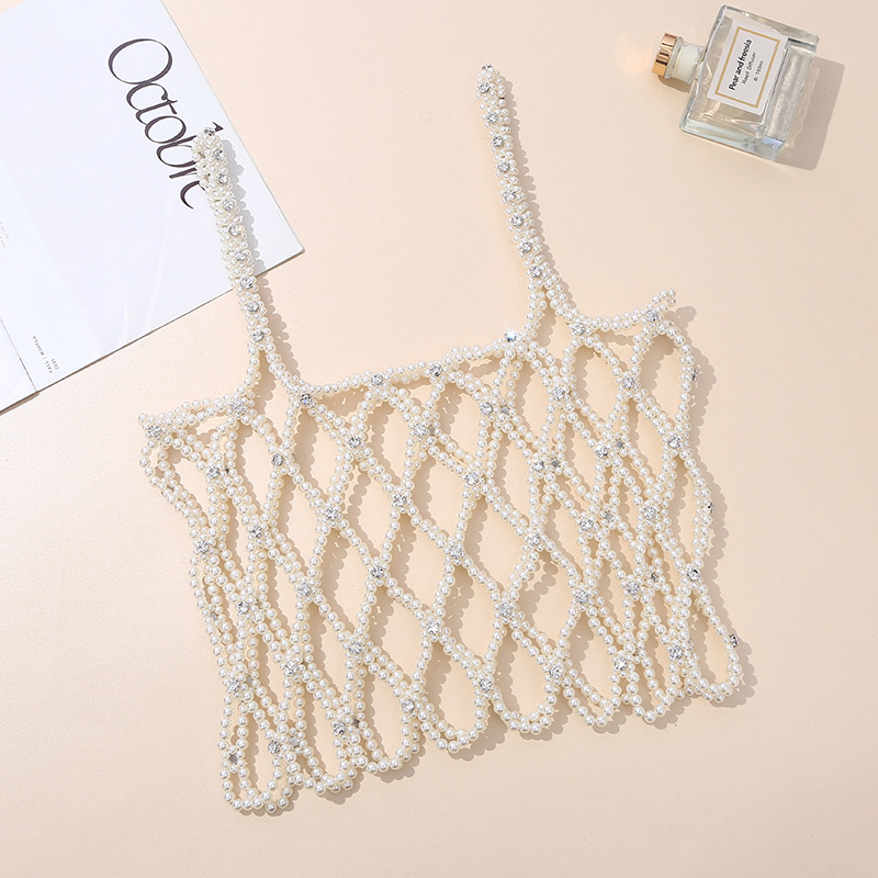 Amazon's new water diamond and pearl woven body chain dress, fashionable sweater chain, handcrafted beaded halter top details Picture
