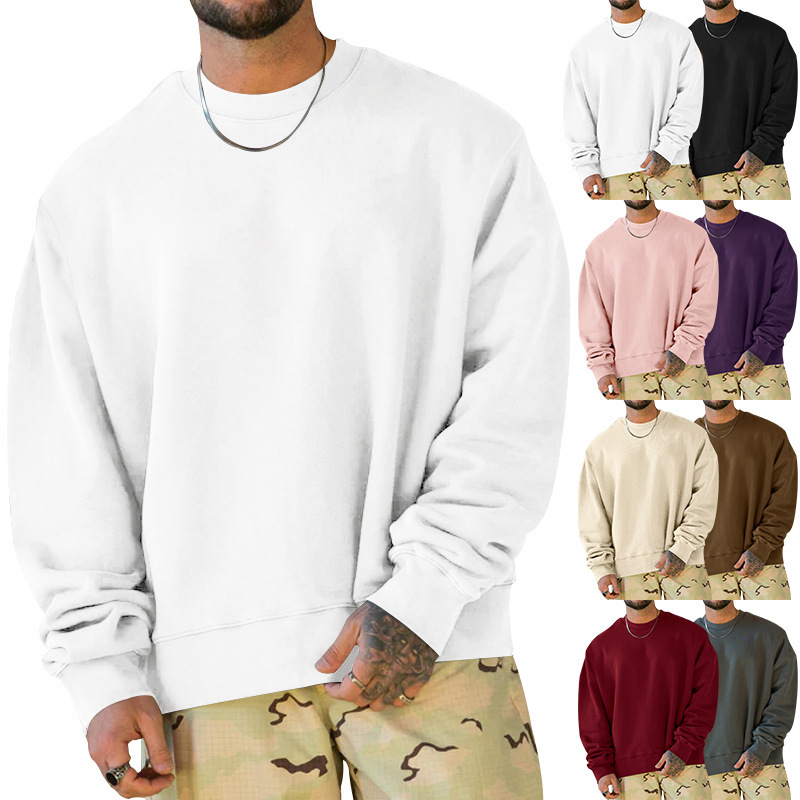 Cross-border men's hoodie, autumn loose, large-sized solid color round-neck hoodie, men's fur loop fabric, versatile, sporty and trendy coat