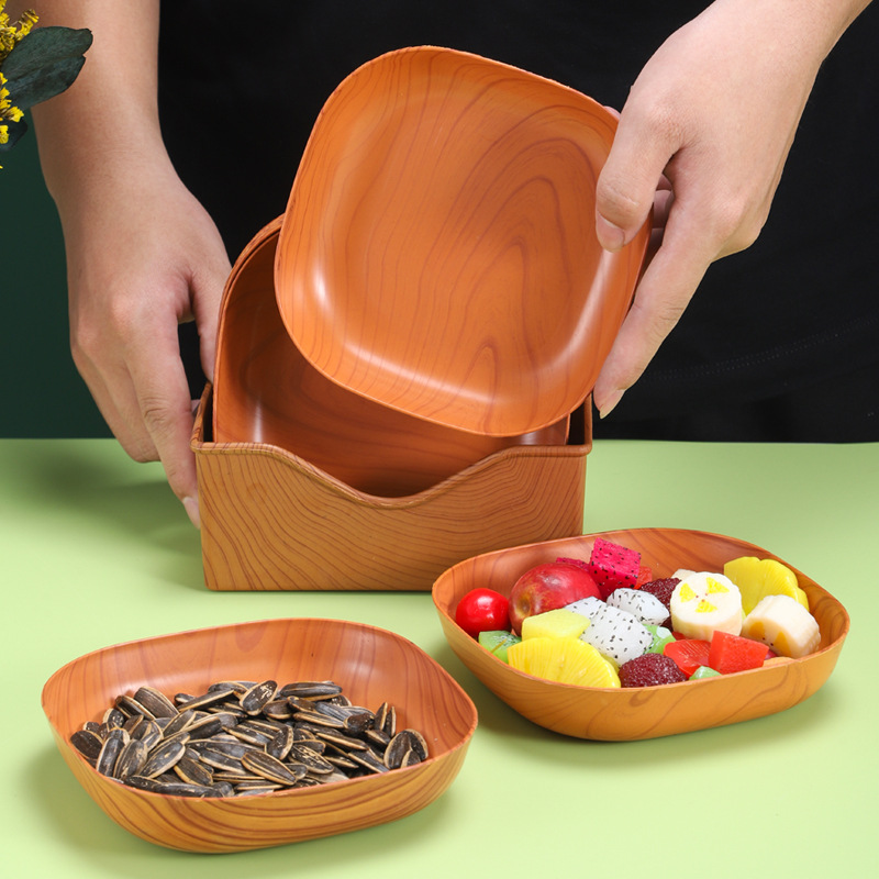 Wholesale of cross-border light luxury plastic, Japanese wood-grain imitation bone-spitting plates, household trays, snack and candy plastic plates from manufacturers Specification image