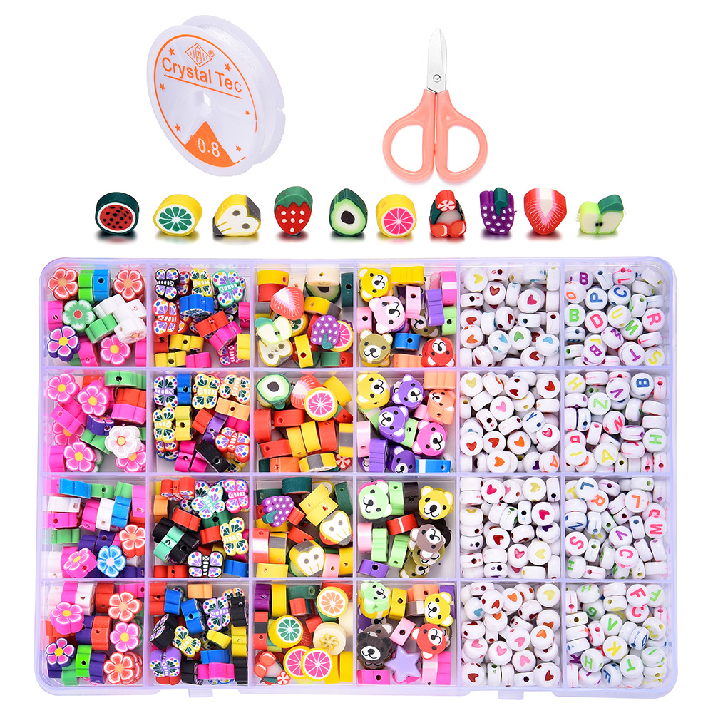 24 Boxes Fruit Animal Smiley Face Alphabet Bead Set Diy Polymer Clay Beads Acrylic Beads Handmade Bracelet Necklace Accessories