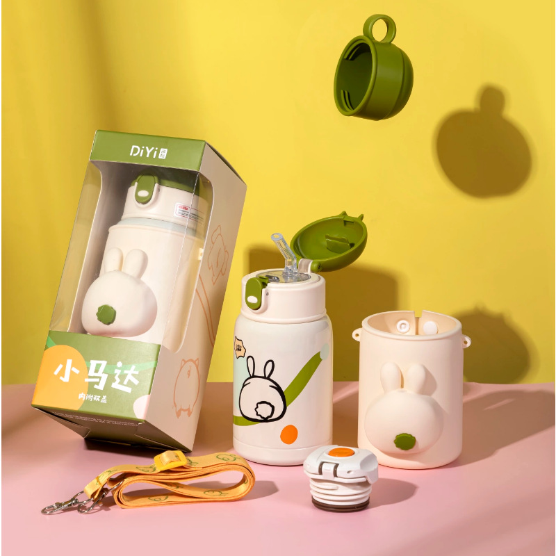 新款可爱卡通硅胶屁屁儿童保温杯 316不锈钢创意叫叫学生双盖水壶                            