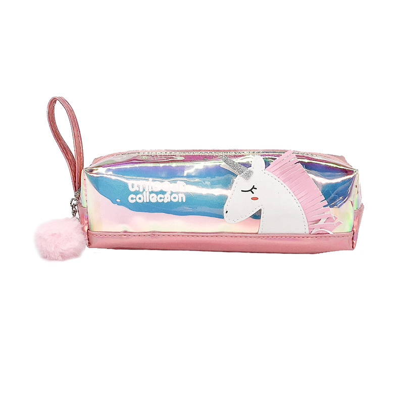 Cute and colorful fringed laser unicorn transparent pencil case with hairball, simple and creative student stationery box Item Picture