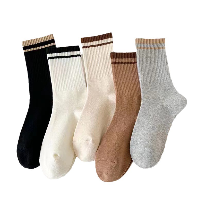 Milk Tea Color Thin Strip With Japanese Four Seasons With Breathable Pile Socks Women's Mid-Tube Socks Item Picture