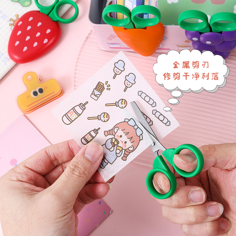 Fruit children's scissors with magnetic suction student stationery plastic scissors wholesale kindergarten handmade cute round head scissors details Picture
