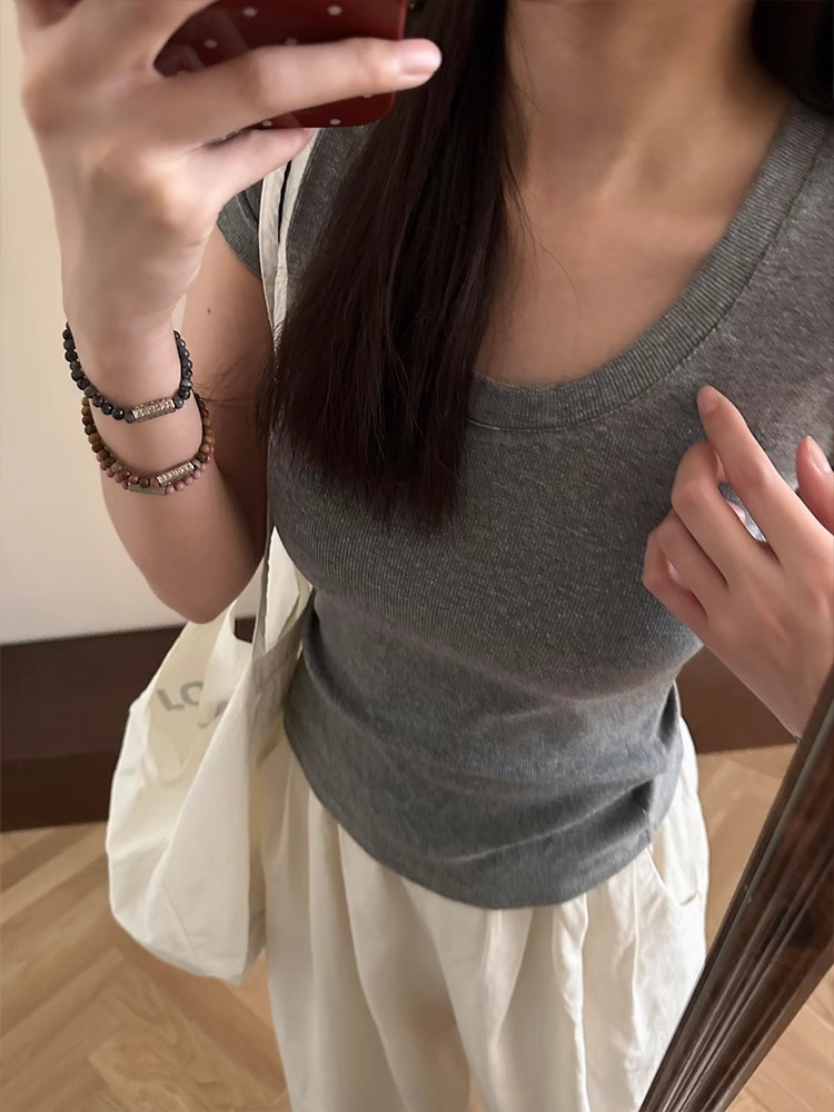 高级感灰色U领针织短袖女夏季修身螺纹正肩打底T恤辣妹风内搭上衣详情7