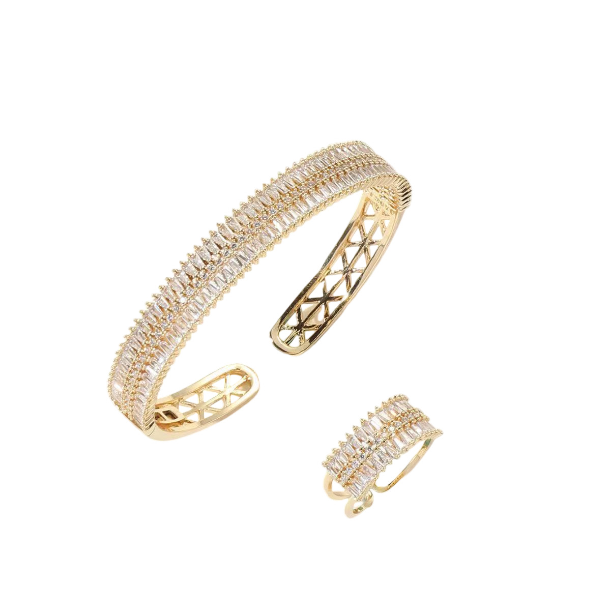 Diamond-encrusted zircon open 18K real gold electroplated bracelet ring set, ins style design sense, simple geometric fashion website Item Picture