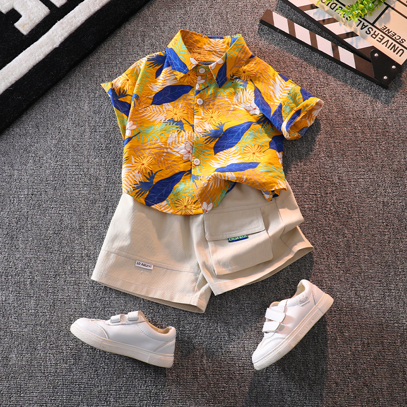 Boys' short-sleeved floral shirt, summer top, beach baby, internet-famous shirt, Hawaiian vacation children's shorts set Specification image