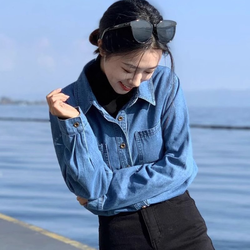 A niche design sense cardigan, denim retro jacket, shirt, women's spring and autumn loose denim top, versatile long sleeves Specification image