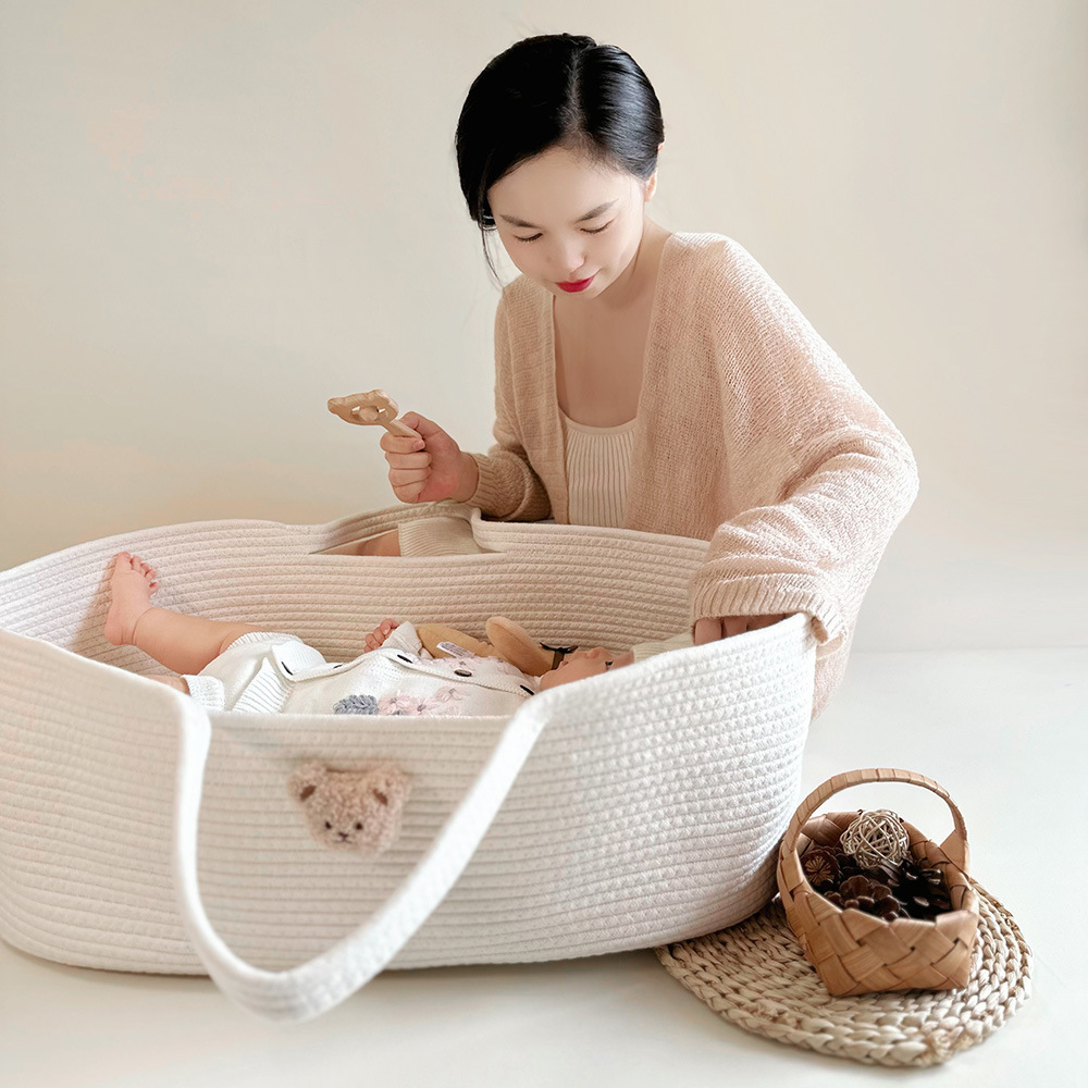 婴儿手提篮 便携式纯棉编织婴儿睡篮 外出手提婴儿床详情图4
