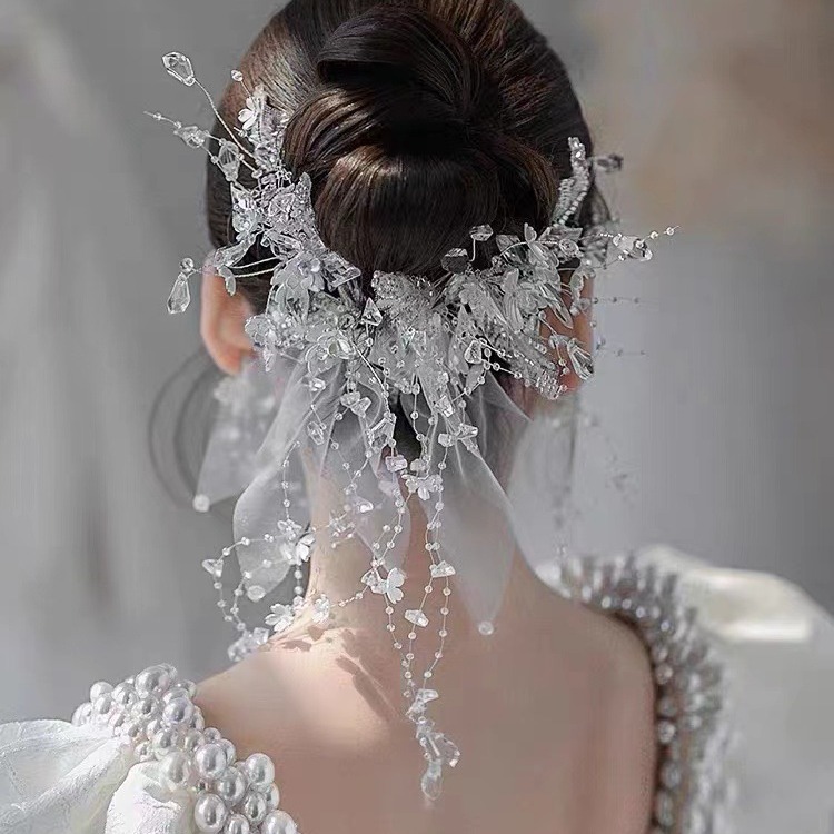 Stylish Yarn Mesh Crystal Beaded Flower Pair Clip Sensen With Sweet Everything Edge Clip Accessories